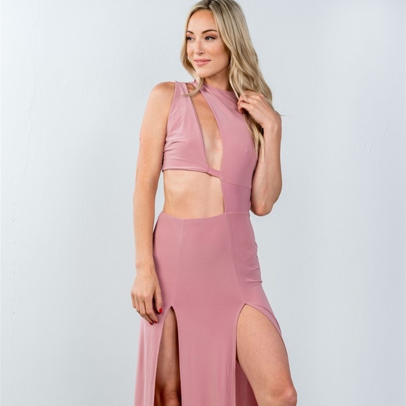 Dresses & Skirts - Cutout thigh high slit sexy mauve maxi dress